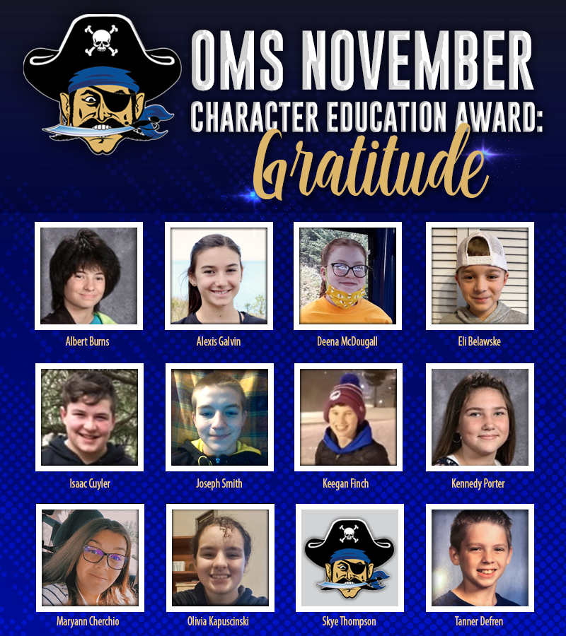 OMS November Character Education Award Gratitude with multiple photos of students