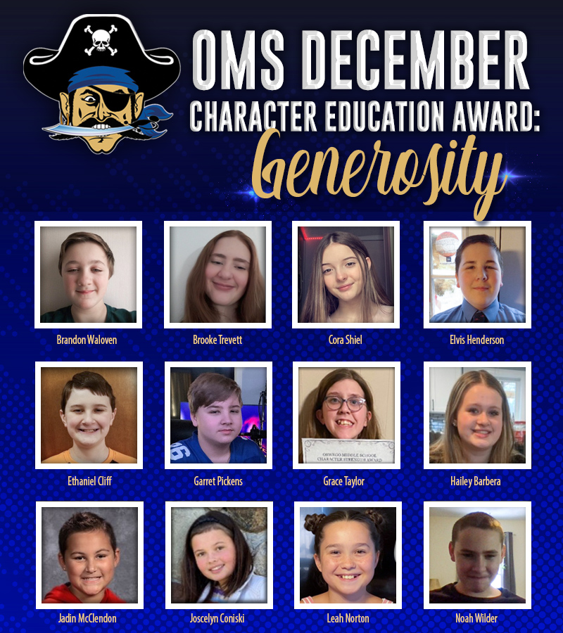 OMS December character education award graphic featuring student photos